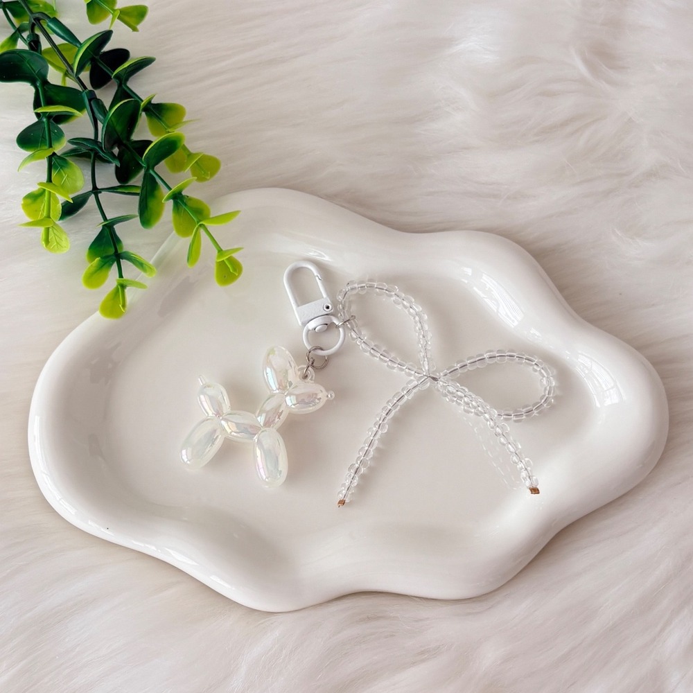 Iridescent White Balloon Dog Keychain with Beaded Bow Charm Accessory